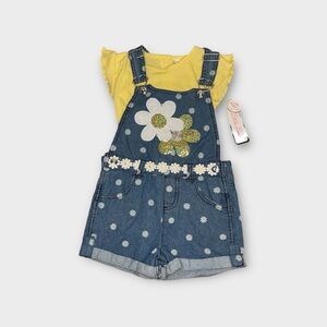 Little Lass Floral Applique & Sequin 2 Piece Overalls